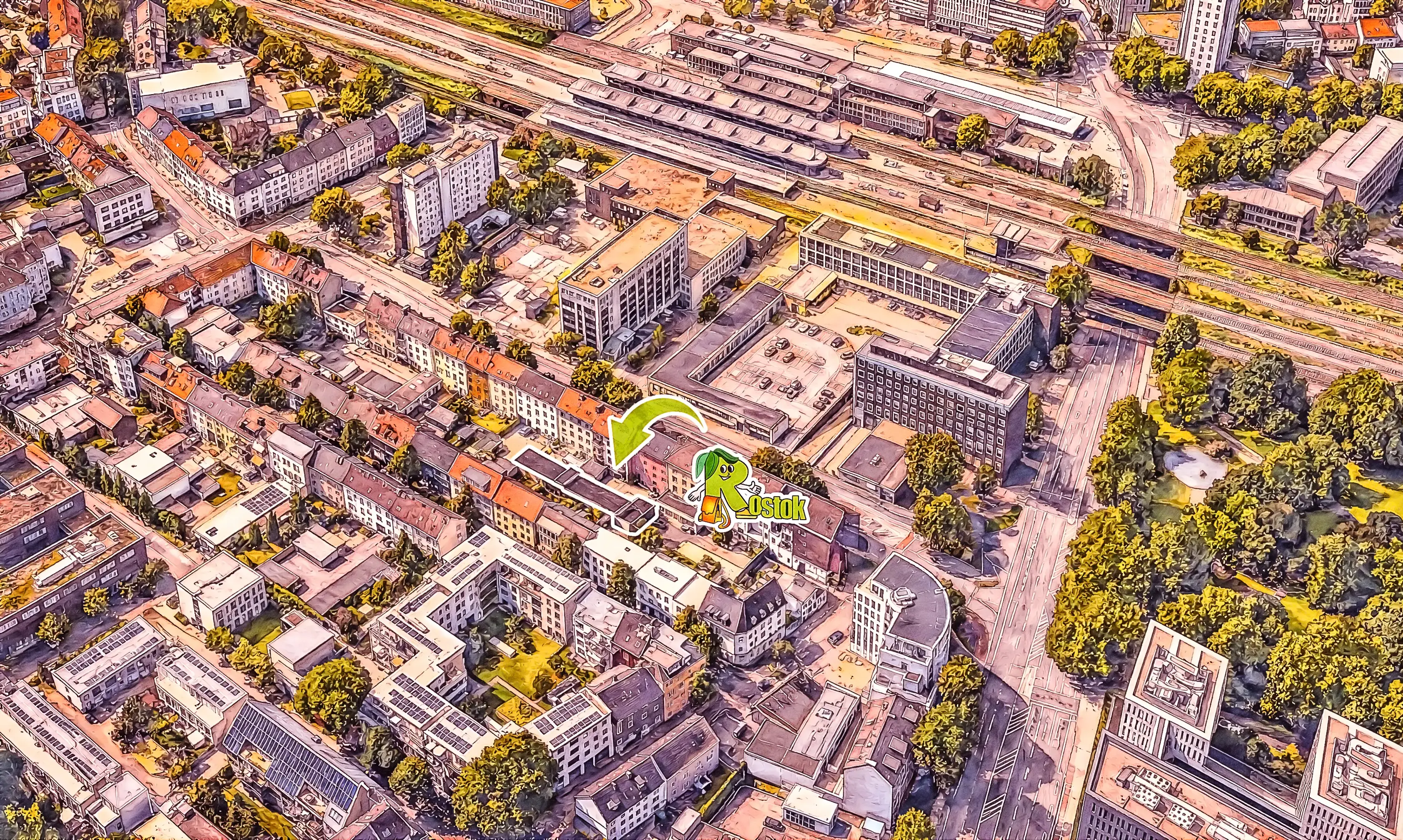 Luftaufnahme rund um das Kulturzentrum Rostok in Bochum